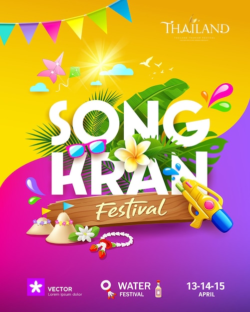 Plik wektorowy festiwal songkran tajlandia lato tropikalny liść pistolet woda i tajski plakat kwiatowy projekt ulotki