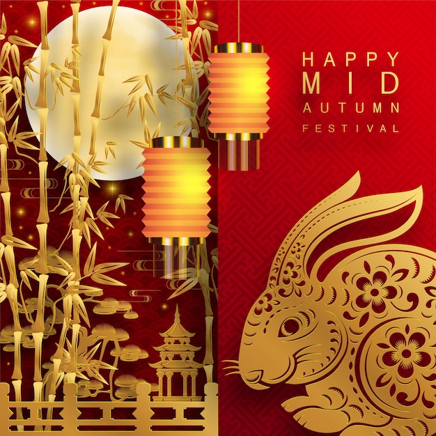 Festiwal W Połowie Jesieni Z Chińskimi Lampionami W Kształcie Księżyca I Królika
