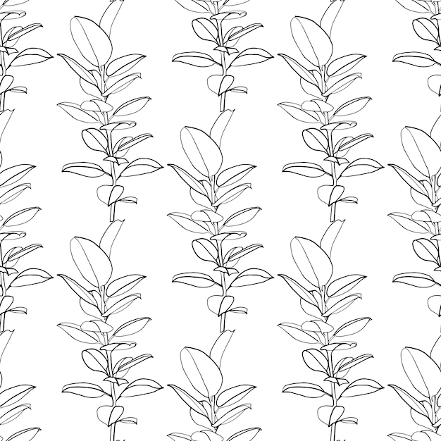 Ficus tropikalny wzór. Grafika liniowa w czerni i bieli. -Ilustracja wektorowa