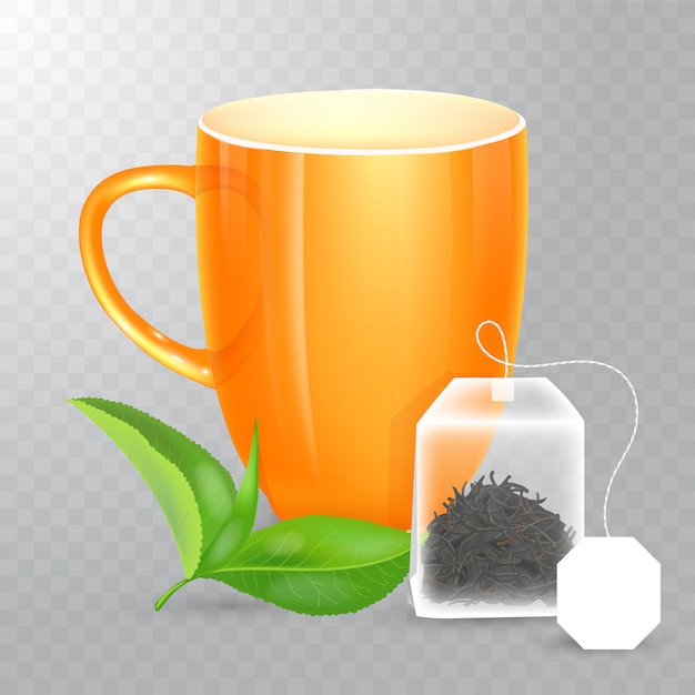 Plik wektorowy filiżanka do herbaty lub kawy. ceramiczny kubek na przezroczystym tle. realistyczna prostokątna torebka z etykietą i liściem herbaty.