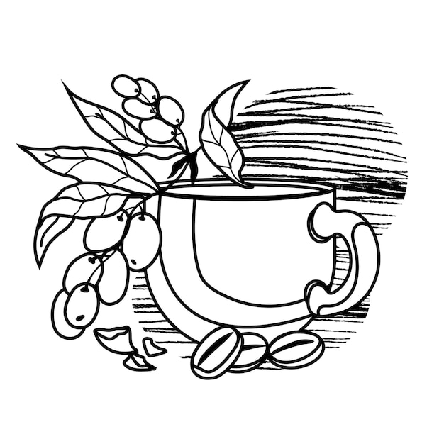 Filiżanka Kawy I Fasola Na Emblemat Kawiarni Lub Projekt Elementu Logo Monochromatyczna Linia Sztuki Obrazu Wektor Ilustracja Na Białym Tle