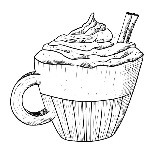 Plik wektorowy filiżanka kawy latte lub cappuccino ze śmietaną i laską cynamonu izolowana ilustracja szkicu wektora