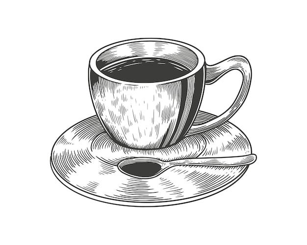 filiżanka kawy na spodku z łyżką. Ręcznie rysowane stylu vintage Grawerowanie. Ilustracja wektorowa