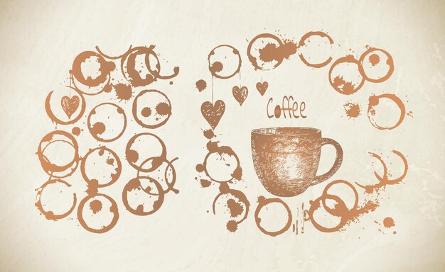 Plik wektorowy filiżanka kawy z plamami i harts na białym tle kubek narysowany wlać kawę z plamami i plamami ilustracja wektorowa