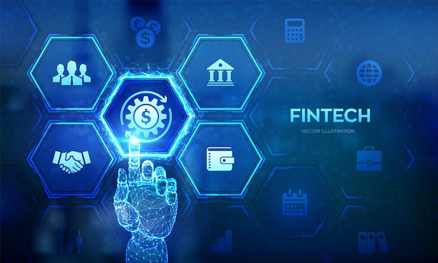 Plik wektorowy fintech technologia finansowa bankowość online i finansowanie społecznościowe biznesowa bankowość inwestycyjna płatności koncepcja technologii na wirtualnym ekranie szkielet dłoni dotykając interfejsu cyfrowego ilustracja wektorowa
