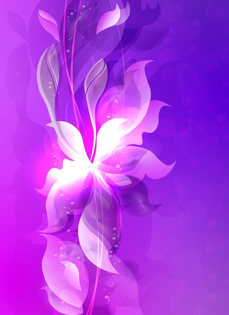 Fioletowa, lekka, płynąca kompozycja z abstrakcyjnymi sylwetkami liści i kwiatów