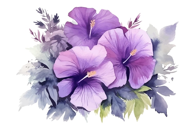 Fioletowe kwiaty tropikalne natura botaniczna kolekcja dekoracyjna Ilustracja wektora izolowana kolekcja zestaw liści tropikalnych