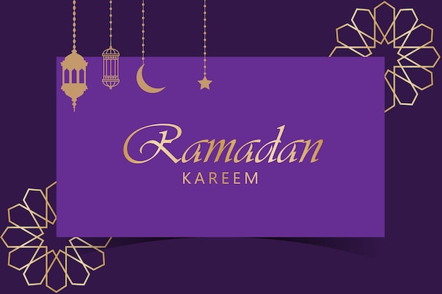 Fioletowe tło z fioletowym tłem i sztandarem dla ramadan kareem.