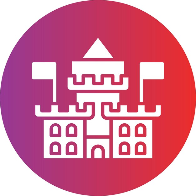 fioletowy i czerwony krąg z czerwonym i białym logo z trójkątem na nim