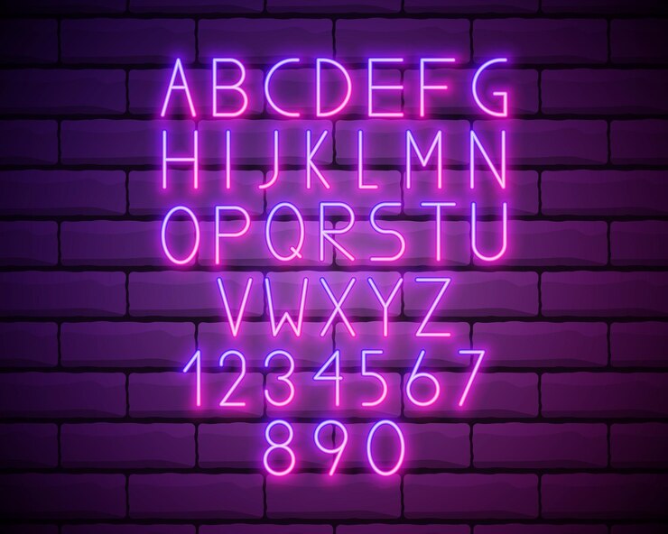 Wektor fioletowy neon alfabet czcionka efekt świetlny litery cyfry na tle ściany z cegły wektor krój czcionki dla etykiet, tytułów, plakatów itp