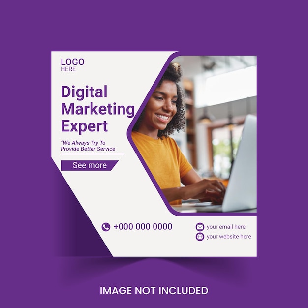 fioletowy plakat dla marketingu cyfrowego z kobietą używającą laptopa Jesteśmy ekspertami od marketingu digitalnego