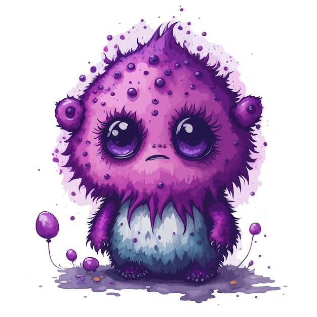 Fioletowy potwór z fioletowymi oczami i fioletowymi oczami siedzi na białym tle.
