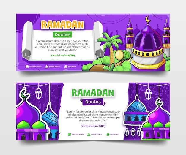 Fioletowy Ramadan Cytat Banery Z Ręcznie Rysowaną Ilustracją Meczetów