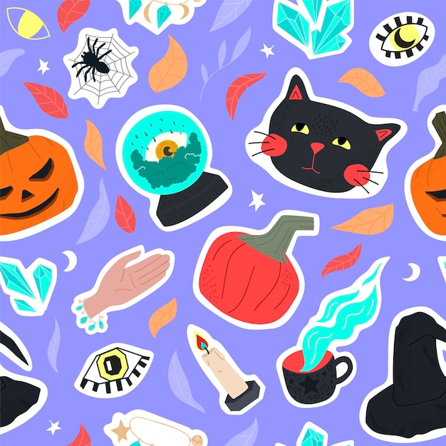 Fioletowy Wzór ładny Symbole Halloween Czarny Kot Oczy Czarownica Kapelusz Dynie Pająki