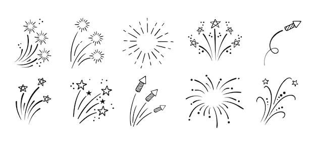 Fireworks and stars doodle hand drawn set doodle fireworks sketch linear vector explosions collection