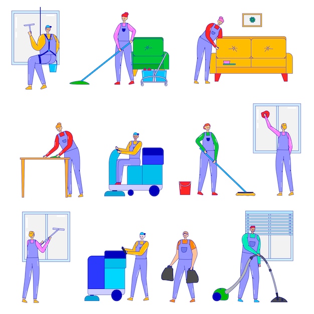 Firma Sprzątająca, Ilustracja Na Białym Tle, Grafika Liniowa, Personel Firmy Sprzątającej Pracuje Ze Specjalnym Sprzętem, Odkurzacz, Mopy.