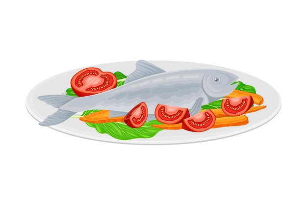 Plik wektorowy fish with vegetables and greenery as seafood dish vector illustration