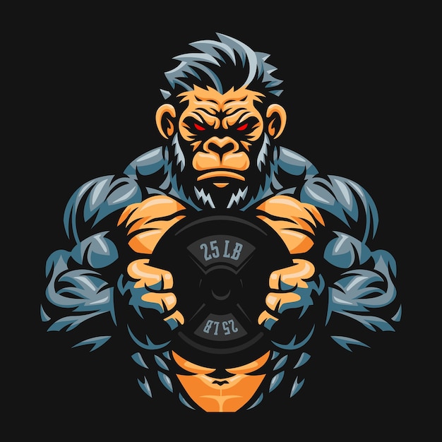 Fitness goryl wektor ilustracja siłownia maskotka postać goryl trzymający wagę