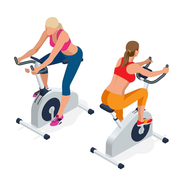 Fitness Kobieta Pracuje Na Rowerze Stacjonarnym Na Siłowni. Na Białym Tle. Płaska Ilustracja Wektorowa Izometryczny 3d