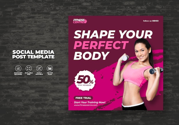 FITNESS LUB SIŁOWNIA BANER SOCIAL MEDIA LUB KWADRATOWE ĆWICZENIA WZÓR ULOTKI SPORT STUDIO