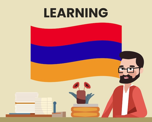 Flaga Armenii Z Nauczycielem Płci Męskiej Uczącym Się Lub Nauczającym Koncepcji Szkoły Językowej Armenii
