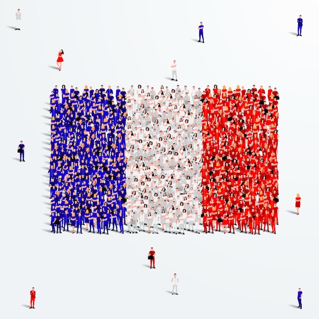 Plik wektorowy flaga francji. duża grupa ludzi tworzy kształt flagi francji. ilustracja wektorowa.