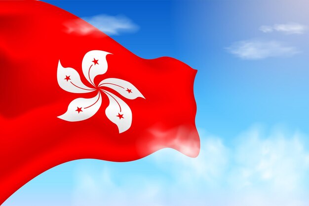 Flaga Hongkongu w chmurach. Wektor flaga na niebie. Realistyczna flaga święta narodowego
