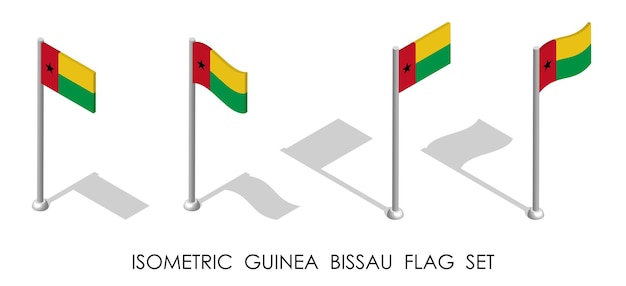 flaga izometryczna Gwinei Bissau w pozycji statycznej i w ruchu na słupie flagi wektor 3d