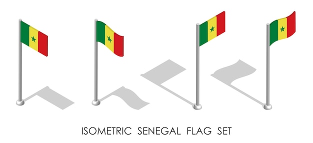 flaga izometryczna Republiki SENEGAL w pozycji statycznej i w ruchu na słupie flagi wektor 3d