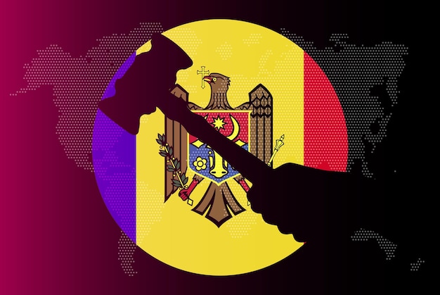 Plik wektorowy flaga mołdawii z koncepcją korupcji młotka sędziego lub banerem wiadomości o wynikach prawnych
