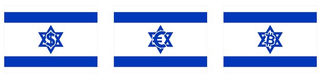 Flaga stanu Izrael z flagą dolara, euro i bitcoin wewnątrz gwiazdy Dawida. Izraelski handel do Europy, Stanów Zjednoczonych i koncepcja handlu kryptowalutami
