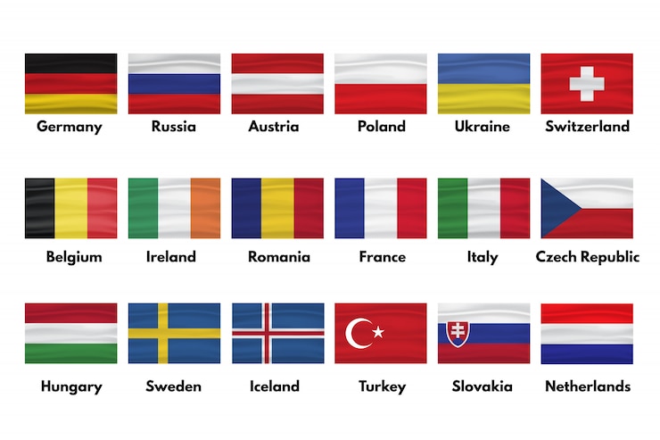 Wektor flagi holandii, słowacji, turcji, szwecji, islandii, węgier, czech, włoch, francji, rumunii, irlandii, belgii, szwajcarii, ukrainy, polski, austrii, rosji, niemiec z cieniami