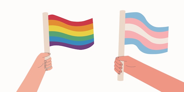 Flagi Lgbt I Transseksualistów Dwie Ręce Trzymające Flagi Są Symbolami Społeczności Lgbt Tęczowa Flaga Na Miesiąc Dumy Ilustracja Kreskówka Wektor