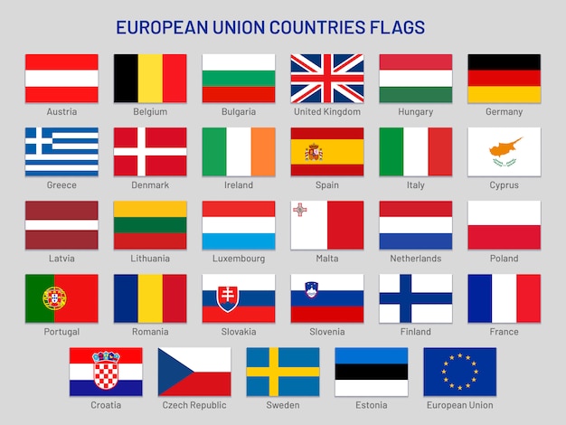 Plik wektorowy flagi państw unii europejskiej. kraje podróży po europie, ustawiona flaga kraju członkowskiego ue