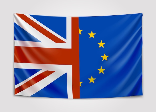 Flagi Wielkiej Brytanii I Europy Poruszające Się W Różnych Kierunkach. Wielka Brytania Referendum W Sprawie Członkostwa W Unii Europejskiej. Brexit.