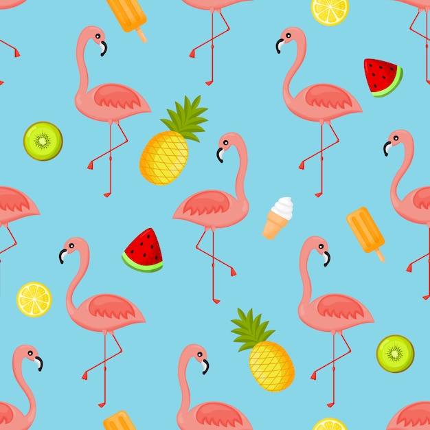 flamingi, kiwi, ananasy, lody, arbuz i pomarańczowy wzór
