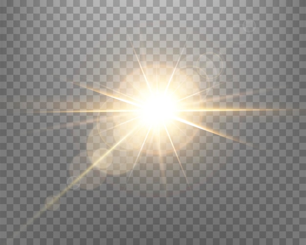 Flara Obiektywu Słonecznego, Lampa Błyskowa Z Promieniami I światłem Punktowym. Złota świecąca Eksplozja Wybuchu Na Przezroczystym Tle. Ilustracja Wektorowa.