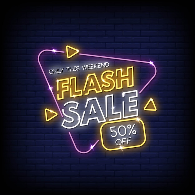 Flash sprzedaż neonowe znaki styl tekst wektor