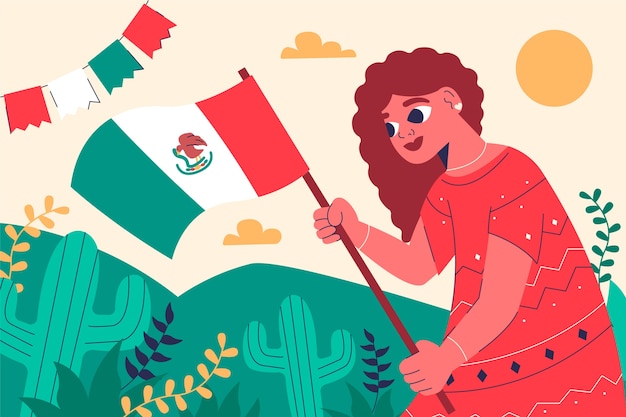Flat cinco de mayo na tle z kobietą trzymającą flagę