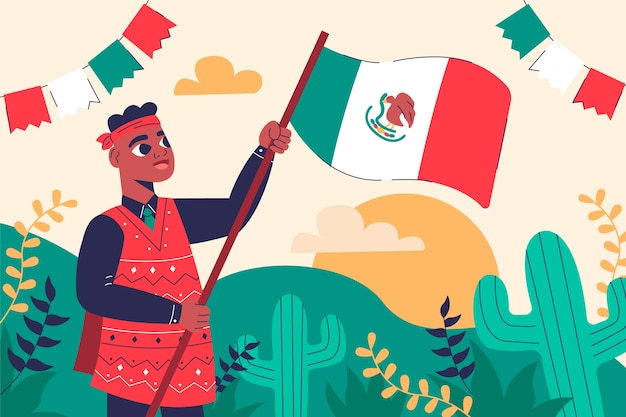 Flat cinco de mayo na tle z mężczyzną trzymającym flagę