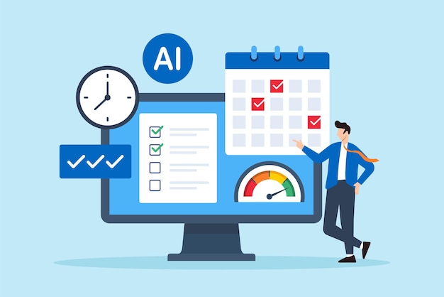 Flat illustration of office worker using AI tool to manage task list optimize schedule and improve performance through calendar and time management