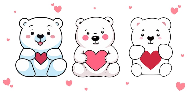 Flat Style Polar Bear Compositions Kolekcja zestawu na Dzień Walentynek z sercami i niedźwiedziami