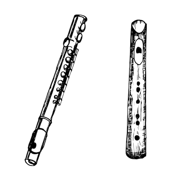 Flet Drewniany Klarnet Instrument Muzyczny Wektor Ilustracja Na Białym Tle Sylwetka Róg Atrament Wyciągnąć