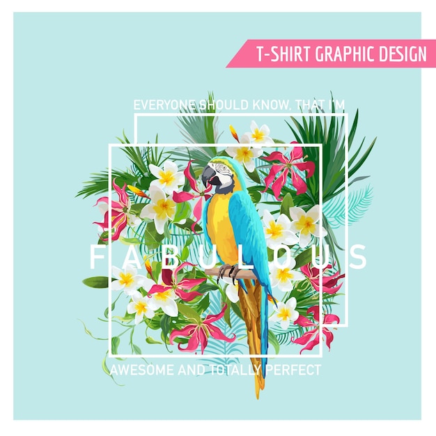 Plik wektorowy floral graphic design - tropikalne kwiaty i papuga ptak - na t-shirt, modę, nadruki