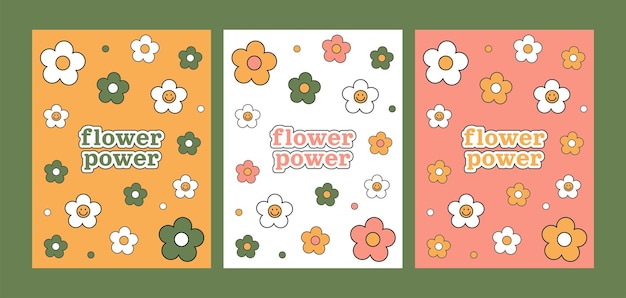 Plik wektorowy flower power groovy 1970 set trzy pocztówki z kreskówkowymi stokrotkami z lat 70-tych vibes kwiatowym tłem