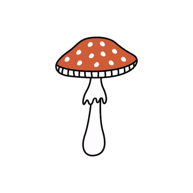 Flyagaric groovy grzyb doodle Amanita element jesienna kolekcja Czarny kontur na białym tle