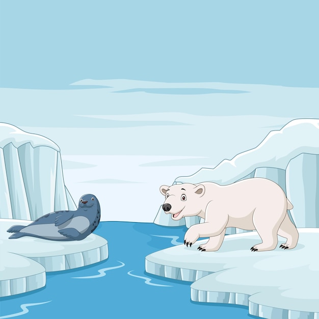 Plik wektorowy foka kreskówka z niedźwiedziem polarnym w arktycznym tle