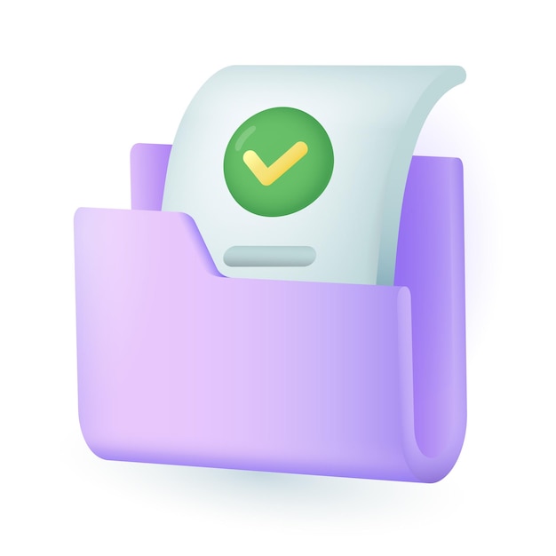 Plik wektorowy folder w stylu kreskówki 3d z zatwierdzoną ikoną dokumentu. minimalny folder z umową lub zarządzaniem plikami na białym tle płaskiej ilustracji wektorowych. papierkowa robota, archiwum, koncepcja informacji