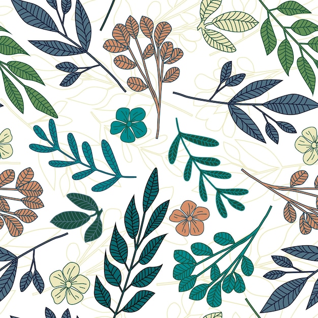 Folk kwiatowy niekończące się tapety. Liście i małe kwiaty wzór na białym tle. Projekt do druku, tekstyliów, tkanin, mody, wnętrz, papieru do pakowania. Ilustracja wektorowa botaniczna