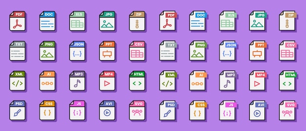 Format pliku dokumentu folder pdf doc xls jpg zip txt png json ppt csv xml ai mp3 mp4 html psd css js